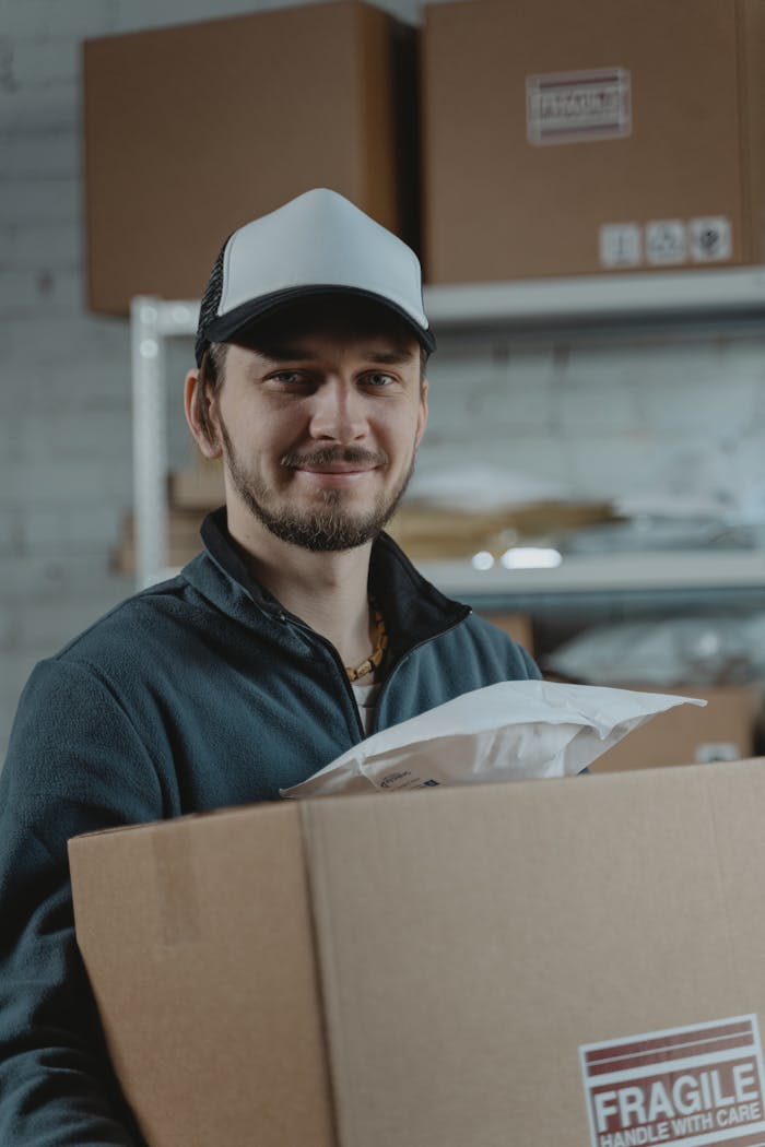services-01 Smiling delivery worker holding a cardboard box with fragile label in a warehouse setting, emphasizing logistics services.