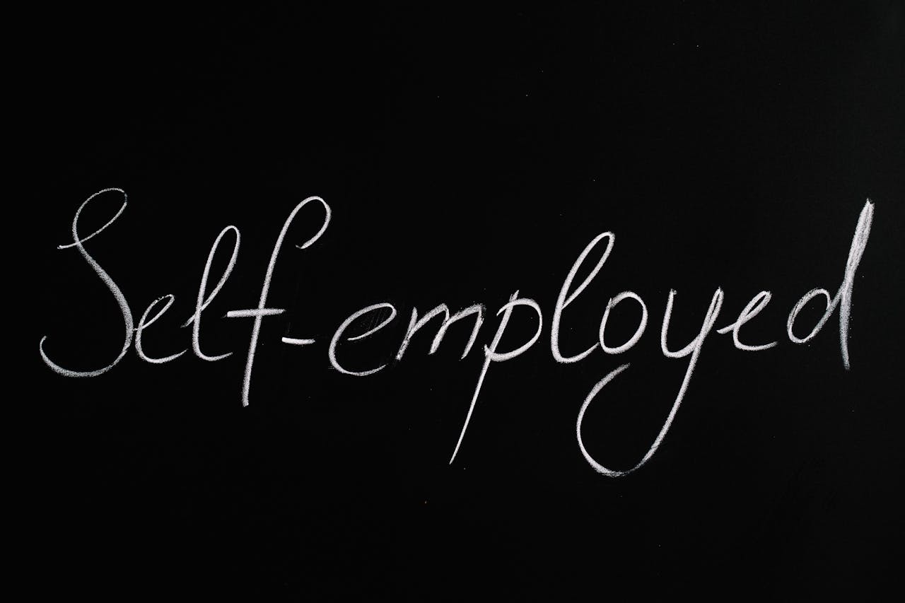 services-02 Handwritten 'Self-employed' in chalk on a blackboard background for business concepts.